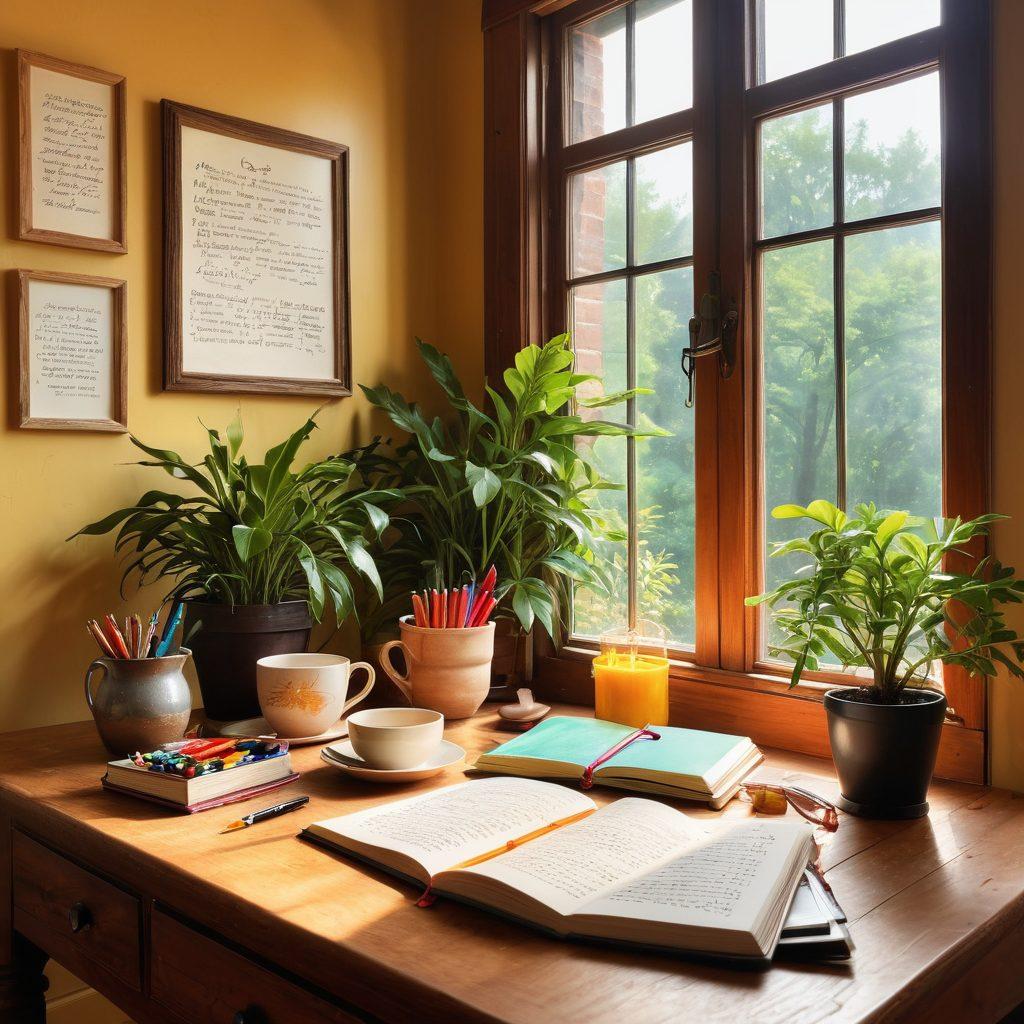 A serene workspace filled with sunlight filtering through large windows, showcasing a cozy desk with a colorful notebook, vibrant pens, and a steaming cup of tea, surrounded by uplifting quotes on the walls and a lush green plant, symbolizing creativity and joy in writing. super-realistic. vibrant colors. warm lighting.