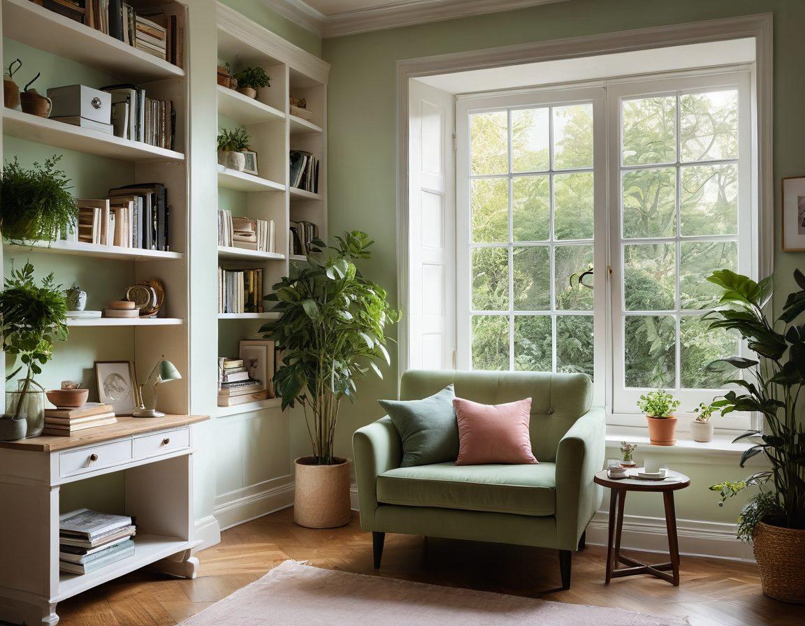 An inviting workspace featuring a cozy nook with a soft armchair, a colorful bookshelf filled with inspiring books, and a warm cup of tea on a small table. Sunlight streaming through a window filled with plants, creating a serene atmosphere perfect for creativity. Elements of happiness like smiley faces and light bulbs subtly inscribed in the background. soft pastel colors. super-realistic.