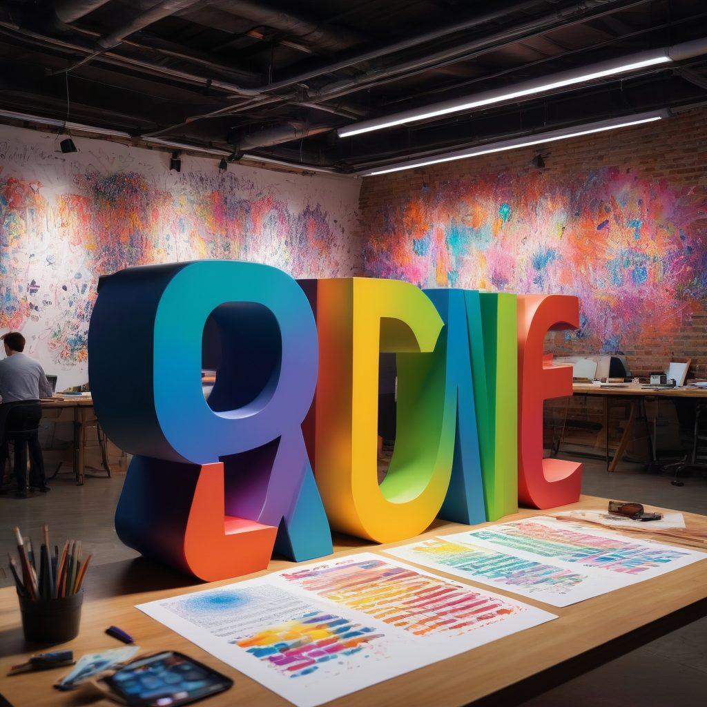 A vibrant scene depicting a creative workspace where text analysis transforms into visual art. Include a diverse group of artists engaging with glowing text data, brainstorming ideas, and using digital tools to create beautiful, colorful text sculptures. Use elements like flowing words and dynamic graphics that represent joy and inspiration in the creative process. super-realistic. vibrant colors. dynamic composition.